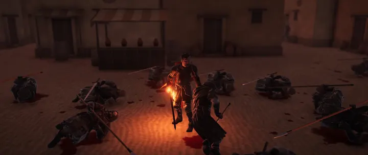 Benjen standing among the fallen in a red-lit street