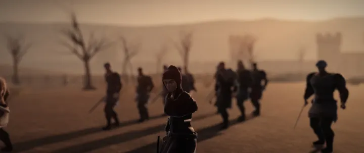 Benjen's twelve escorts walking into the dust of the Barren Lands