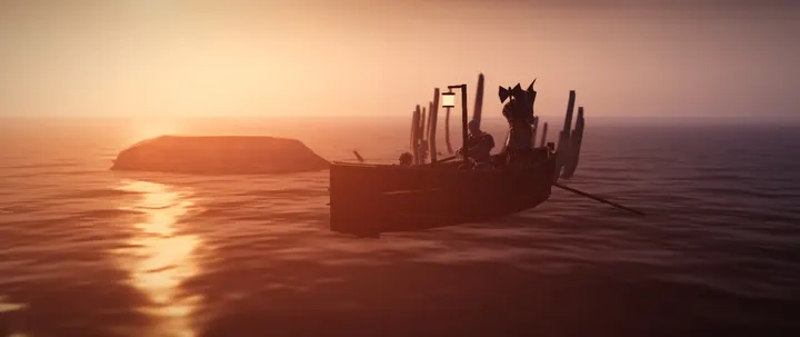 A boatman's rowboat rounding sea rocks at sunset, a wreck's ribs behind it