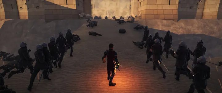 Benjen running ahead of the rebel line through the broken gate