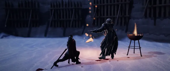 Benjen braced against the Black Dog's burning axe on a snowbound mountain post