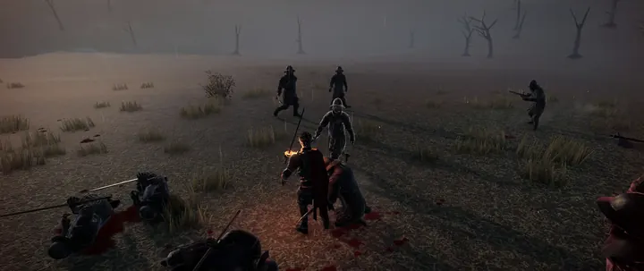 Benjen fighting through Crown soldiers on a misty battlefield