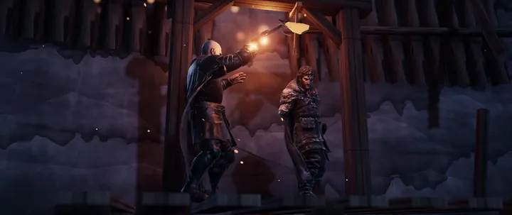 A fight by torchlight at the gate of a snowbound fort