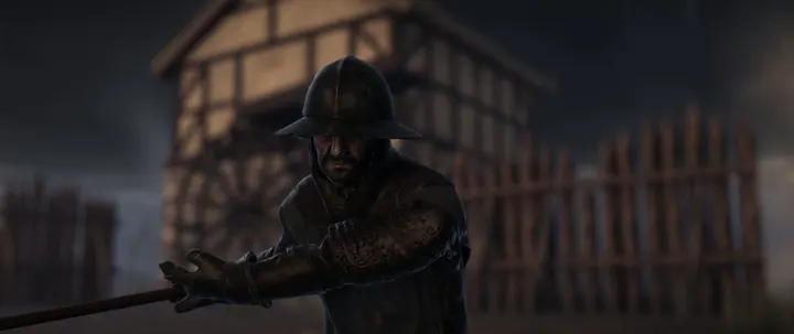 A Crown hunter in a steel cap at a mill ford, sword drawn