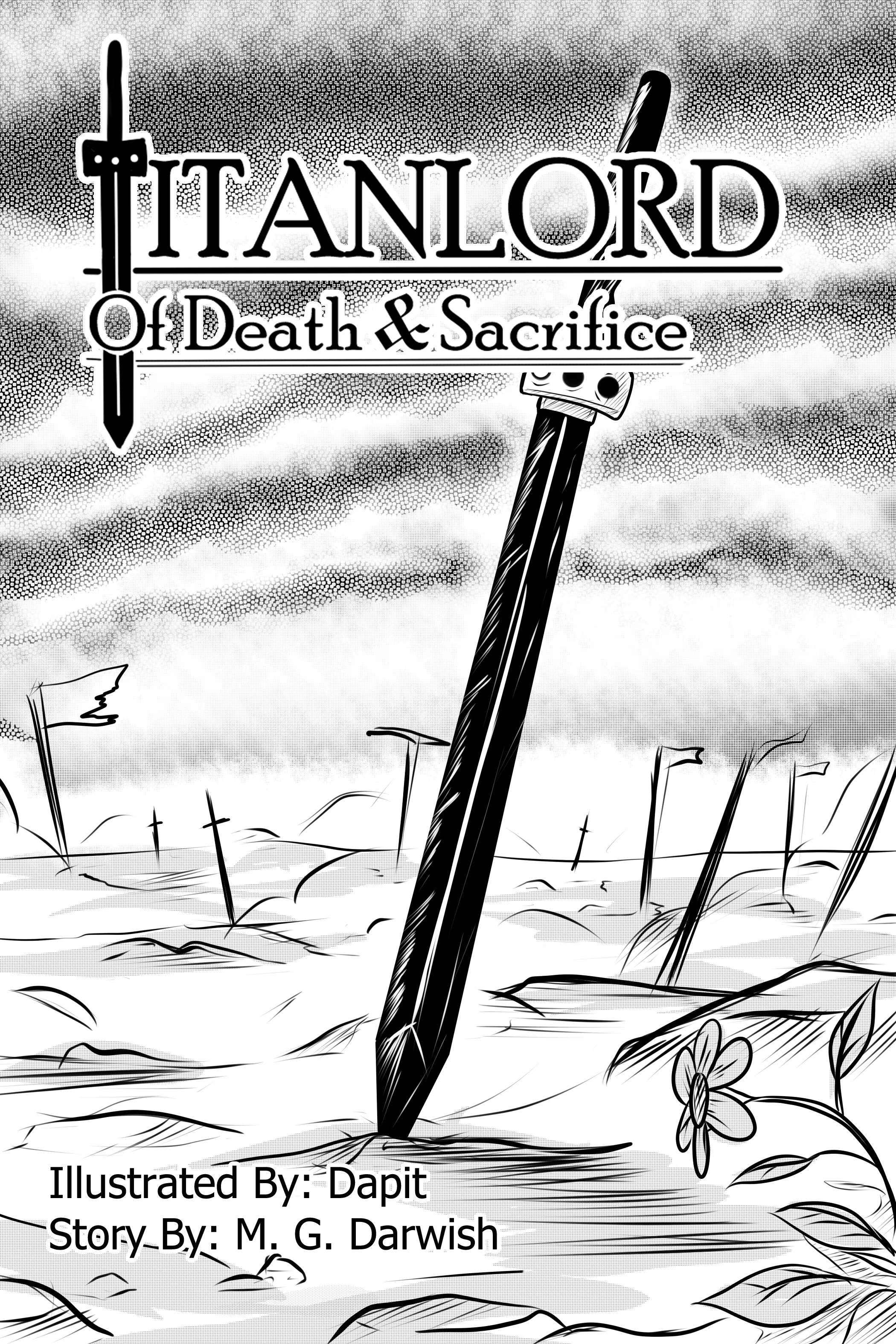Cover plate of the Titanlord manga, illustrated by Dapit: a greatsword driven point down into a battlefield of planted spears and grave markers.