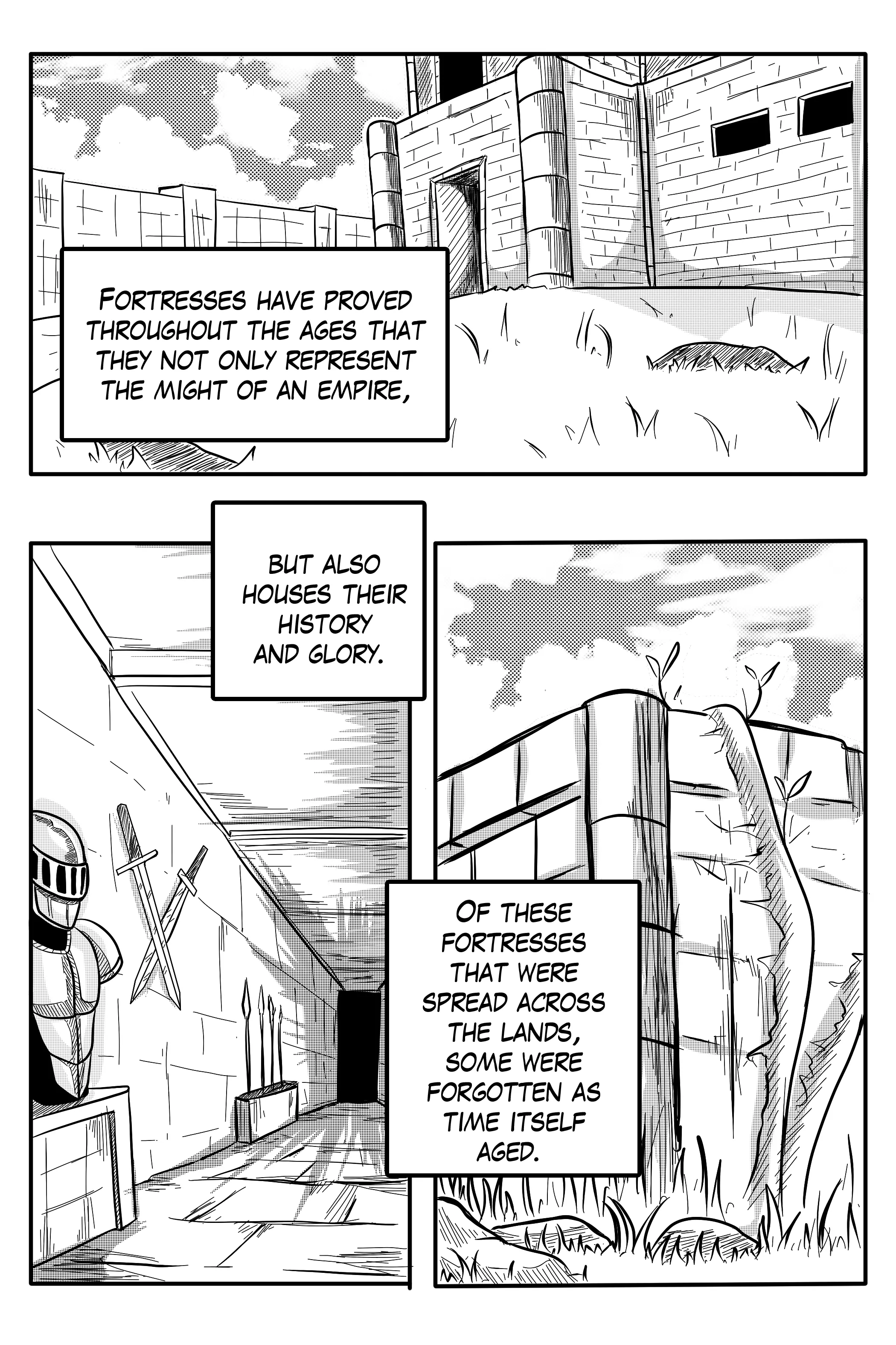 Illustrated by Dapit: a fortress under cloud, a hall with a suit of armour and two crossed swords, and an overgrown outer wall.