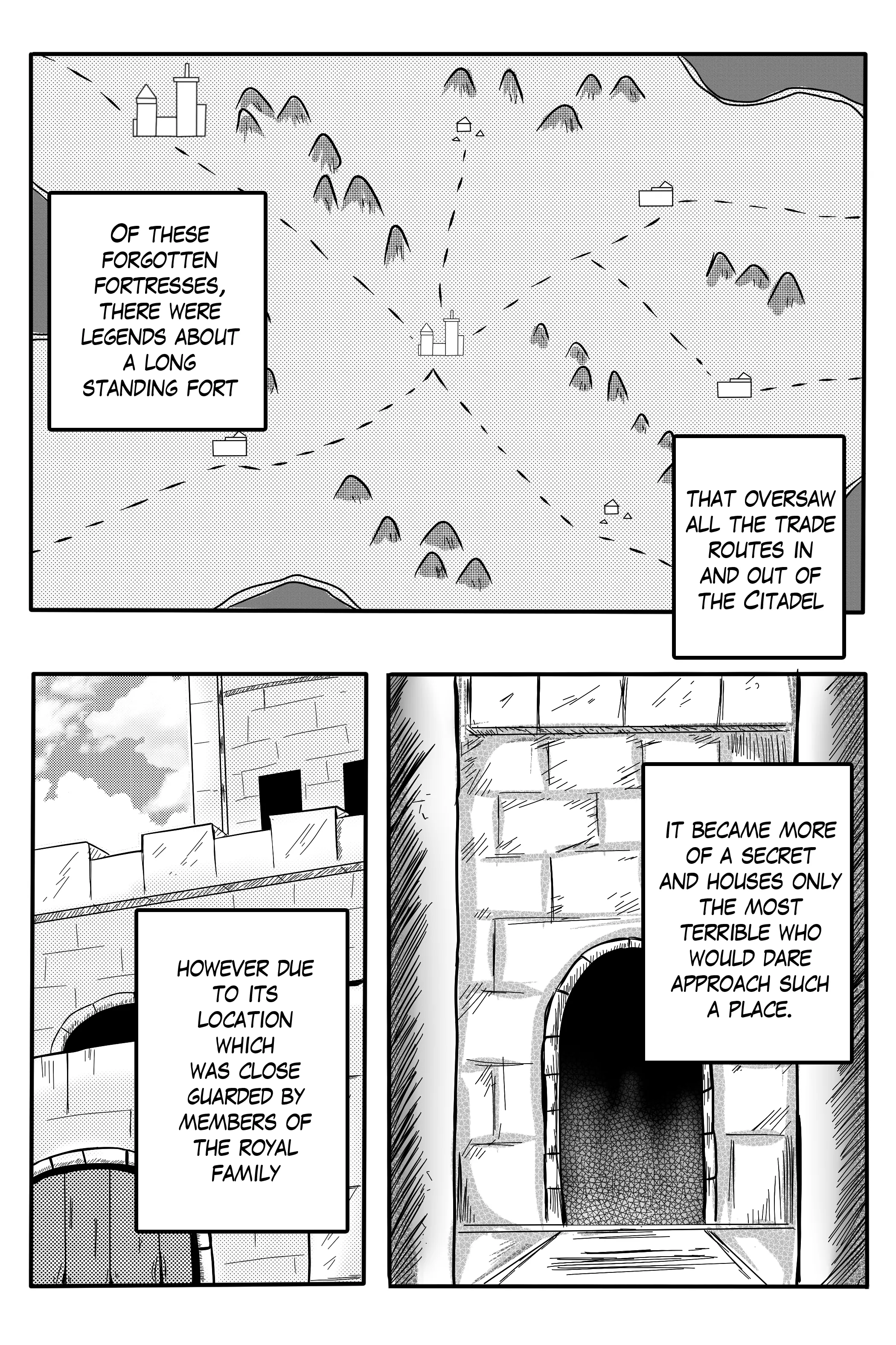 Illustrated by Dapit: a drawn trade map of routes in and out of the Citadel, a wall walk, and a black arched gateway into darkness.