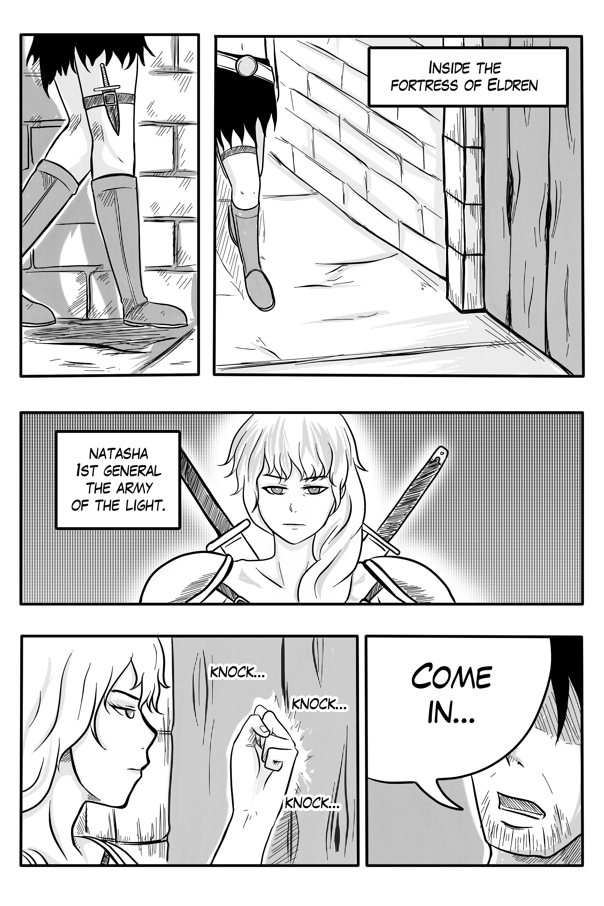 Illustrated by Dapit: inside Fort Eldren, General Natasha crosses a stone corridor and knocks at an old chamber door.