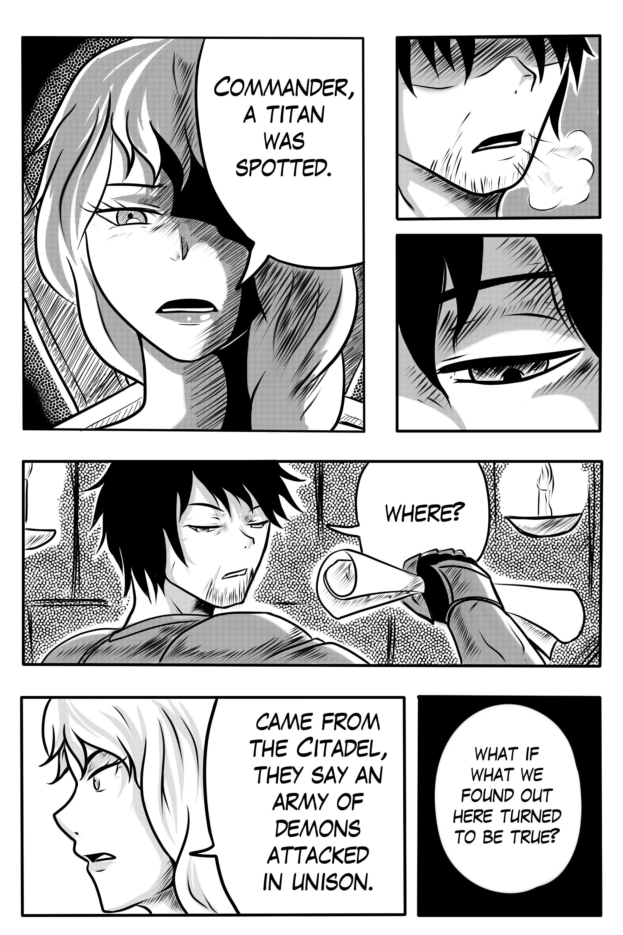 Illustrated by Dapit: Natasha reports a Titan sighting and a demon attack on the Citadel; the scroll is rolled shut.