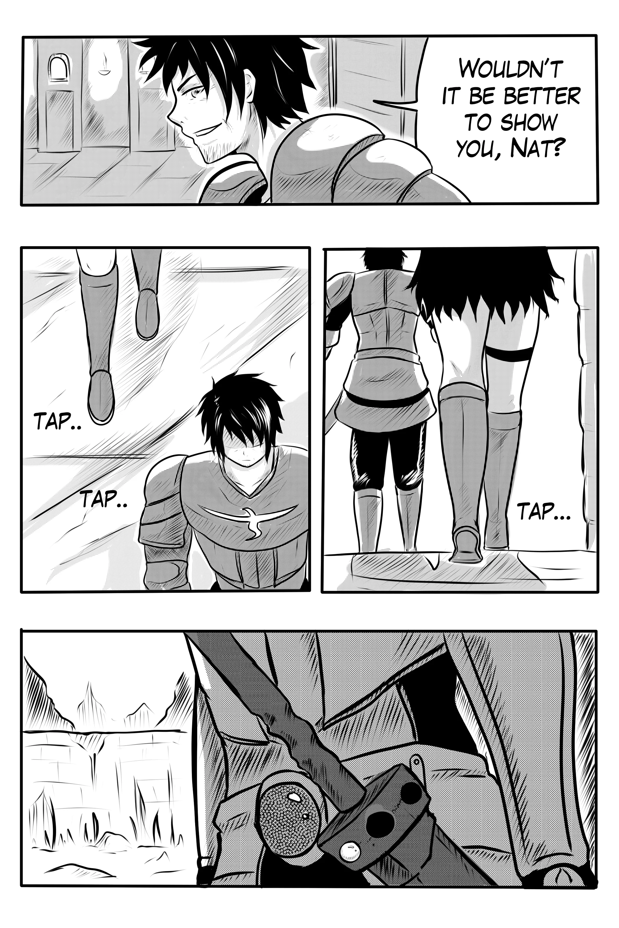 Illustrated by Dapit: the Commander walks Natasha down a corridor toward daylight, a sword hilt at his hip.