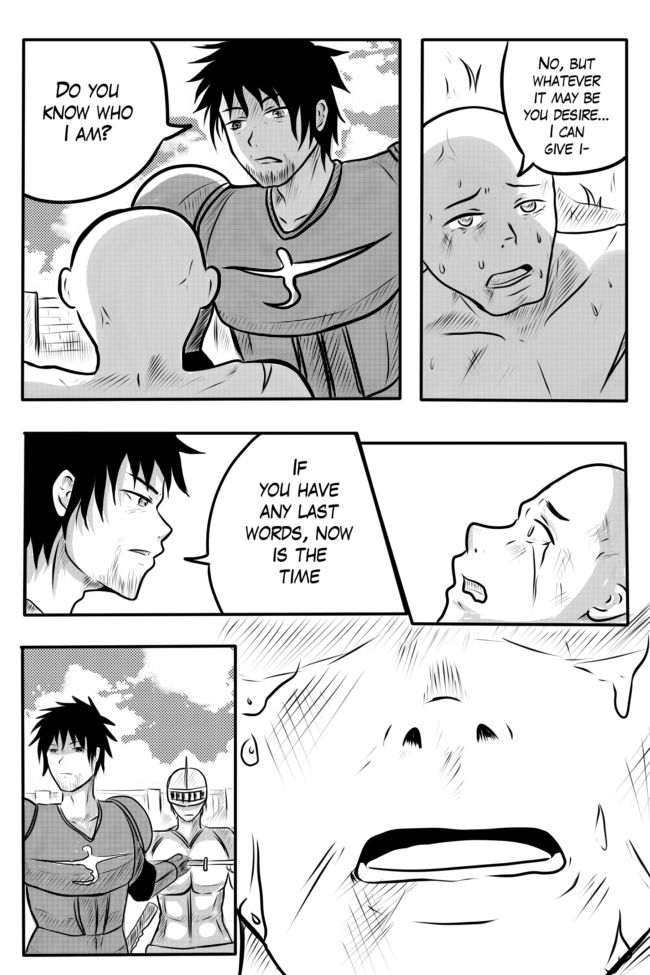Illustrated by Dapit: the Commander crouches over the bound man and offers him one last chance to speak.