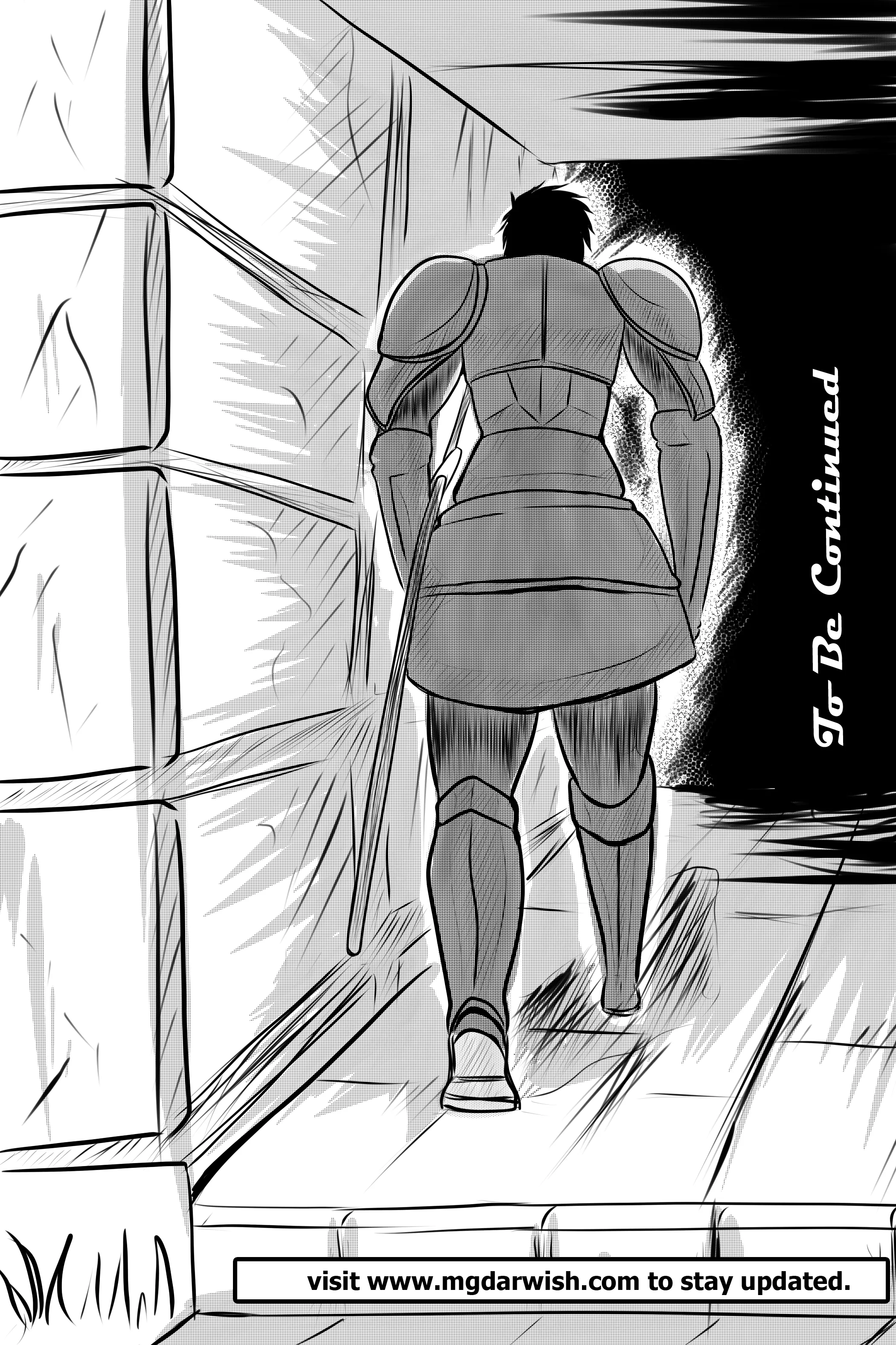 Illustrated by Dapit: the Commander walks up a lit stone passage into a black doorway; lettering reads To Be Continued.