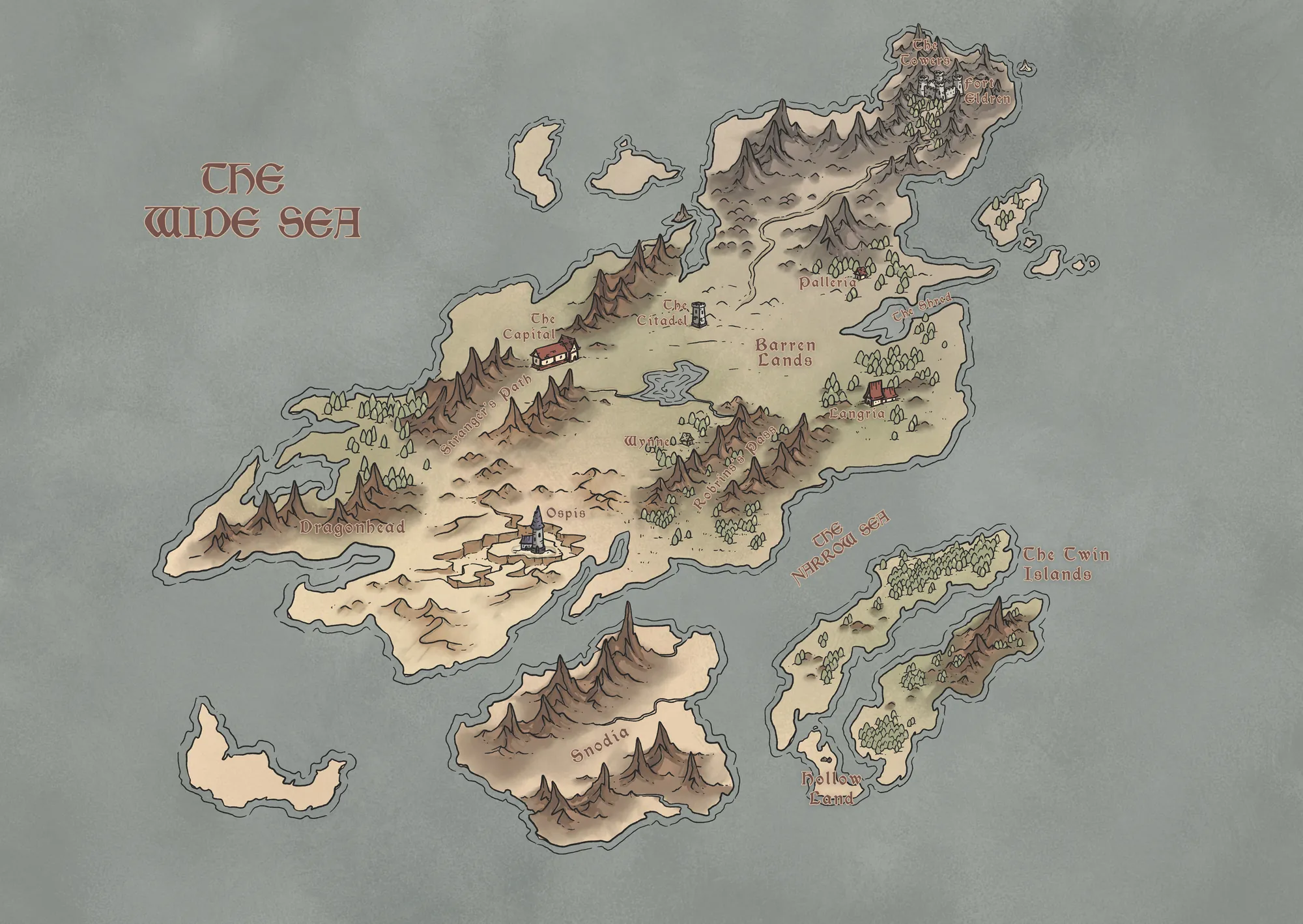 The official Titanlord world map, showing the Mainland between the Wide Sea and the Narrow Sea, with Fort Eldren in the north, the Capital and the Citadel at the centre, Dragonhead in the west and Hollow Land on the Twin Islands in the south east